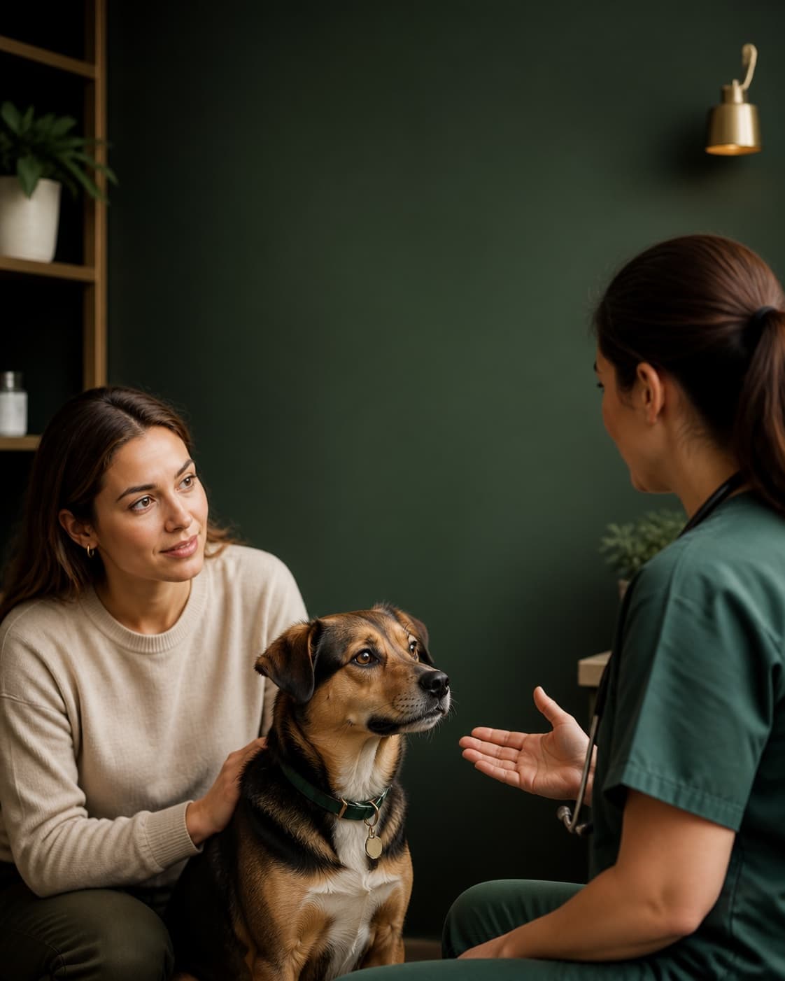 Veterinária conversando com a tutora de um cão durante a consulta